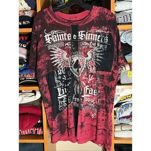 Y2K Affliction Goth Red Distressed Tee